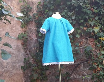 Girls linen dress * Turquoise * Size 98/104 * Summer dress * Holiday dress * Linen * with lace