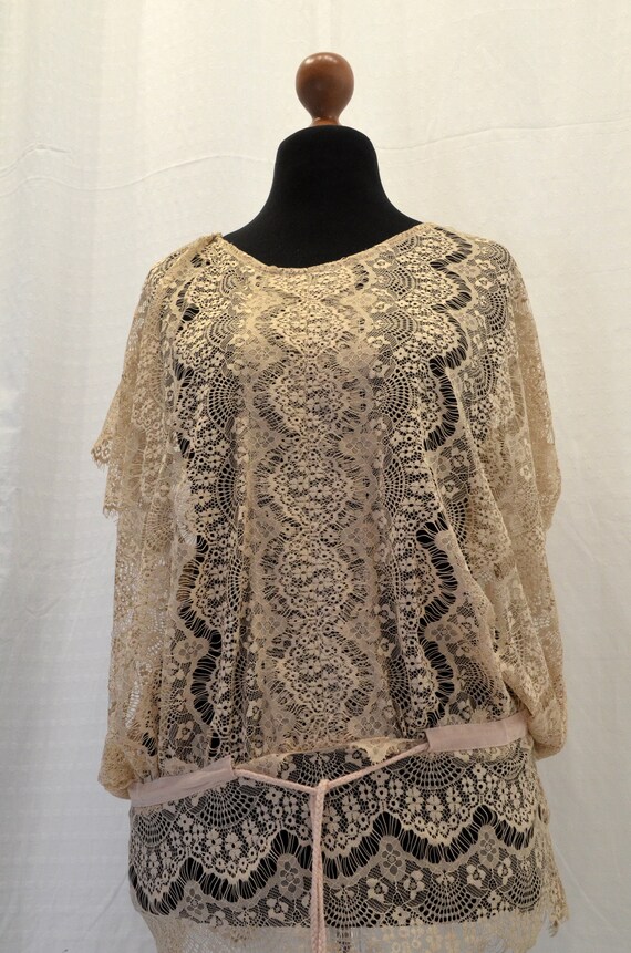 Lace blouse beige 80s with waist band - image 4