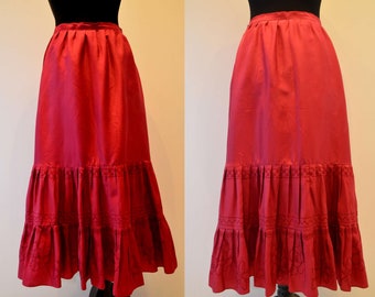 Step skirt silk cherry red embroidered designed in France