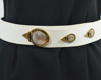 White leather belt with concho elements