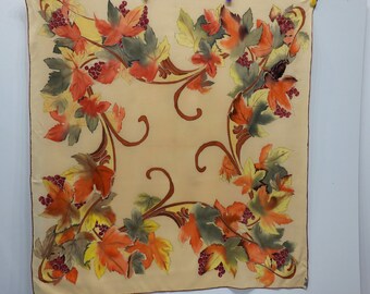 Vintage silk scarf with leaf motifs hand-painted