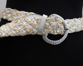 Vintage braided belt white with sequins 80s