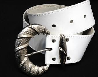 Scervino Street White Textured Leather Wide SilverMetal Buckle Belt