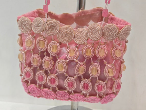 Beaded bag with handle hand-embroidered in pink - image 3