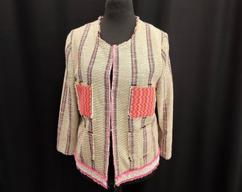 Loose jacket with beads and fringes beige with pink stripes