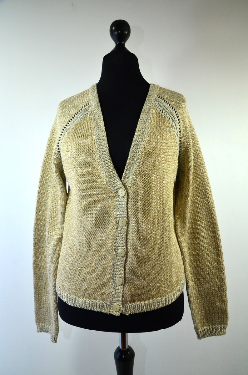 V-Neck Cardigan beige mit Lurexfaden 80er Bild 1