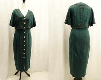 Vintage Leinenkleid Petrol mit Tressenbesatz Perlmuttknöpfe