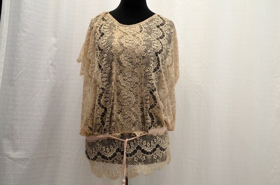Lace blouse beige 80s with waist band - image 3