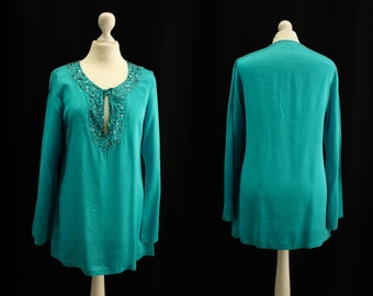 Vintage silk blouse tunic with pearls turquoise
