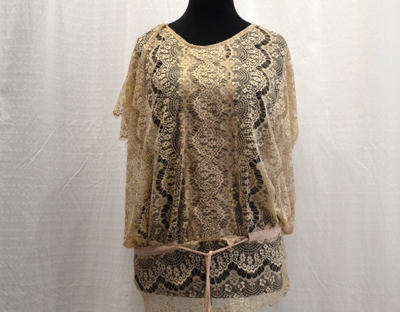 Lace blouse beige 80s with waist band - image 1