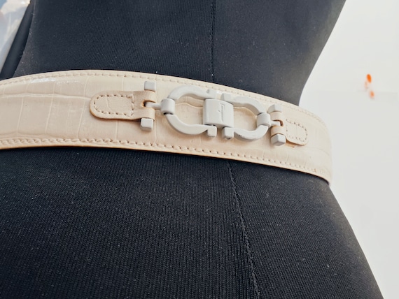 Vintage designer belt leather cream with crocodil… - image 5