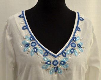 Vintage Ethnotunika shirt blouse white pearl embroidered