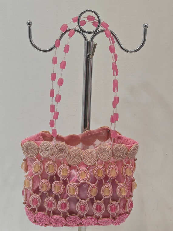 Beaded bag with handle hand-embroidered in pink - image 2
