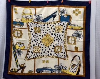 Vintage Faux Silk StatementTuch 80er ecru blau gold