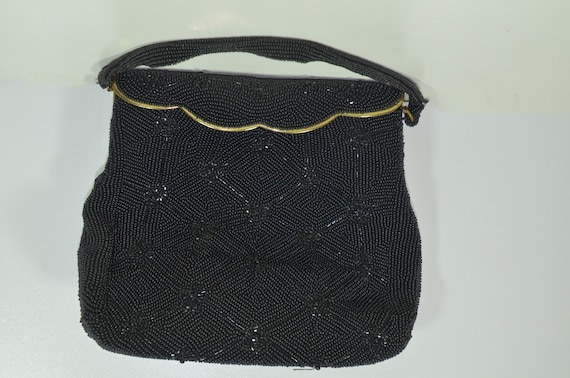 Evening bag black 50s embroidered seed beads