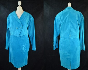 Vintage leather costume two-piece turquoise, 80s, unique