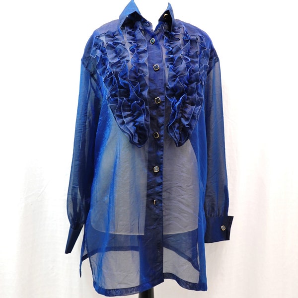 Vintage Chiffonbluse mit Rüschen dunkelblau