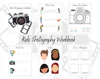 Könnte beinhalten: Ein schwarz-weißes druckbares Kinder-Fotografie-Arbeitsbuch mit Aktivitäten wie Wort-Spuren, Bild-Spuren, Kamera nach Zahlen und Zeichnen eines Fotos. Das Arbeitsbuch enthält Illustrationen von Kameras, Film und Blitz.