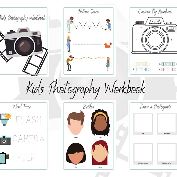 Kids Photography and Camera Worksheets- Ages 4-9- Preschool Kindergarten Elementary Age Workbook- Spinning Wheel & Camera with Film Activity