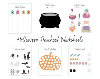 May include: Halloween themed preschool worksheets with activities like ghost chase, witches brew, big or small, jack-o-lantern, and candy count.