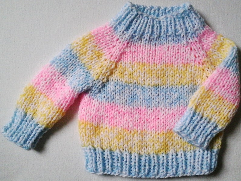 Neu: Baby-Kuschel-Pullover Gr. 68-74, pastellbunt hellblau-rosa-gelb Streifen mel., Unikat, 4-Jahreszeiten, Berliner Handarbeit Bild 1