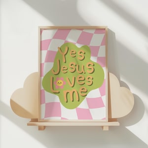 Jesus Loves Me Nursery Print: Retro Pink Checkered Decor (Digital Download)