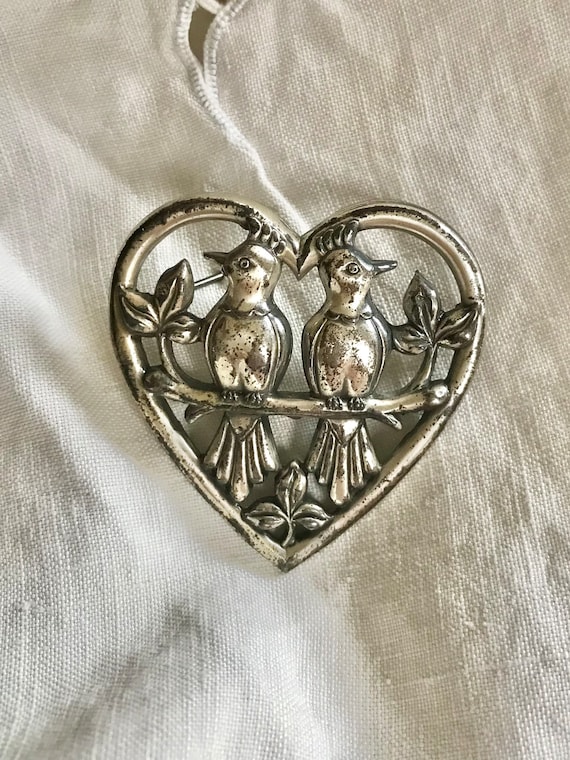 Rare Vintage Sterling Lovebirds Corocraft Brooch