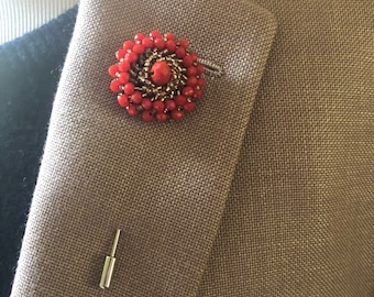 Rose Flower Lapel Pin, Red and Gold Beads , Women Men Cloth Brooches Pin Wedding Boutonniere Suit Accessories