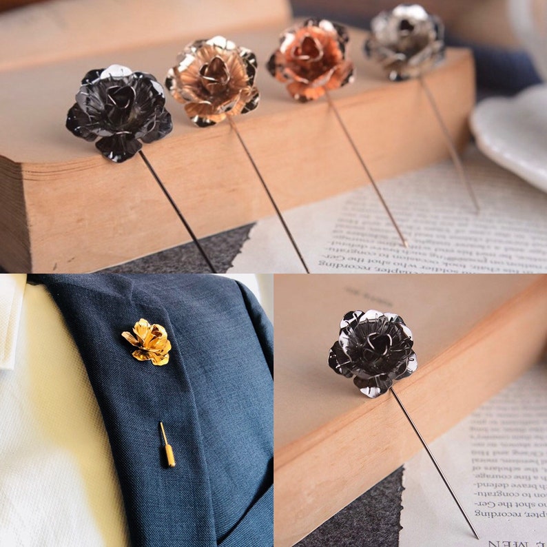 Rose Flower Lapel Pin Metal Gold, Rose Gold, Silver, Black Women Men Cloth Brooches Pin Wedding Suit Accessories image 1