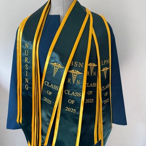 Nurse Graduation Stole Class of 2025, Forest Green with Gold trim nursing graduation sash Embroidery gift for nurses.
