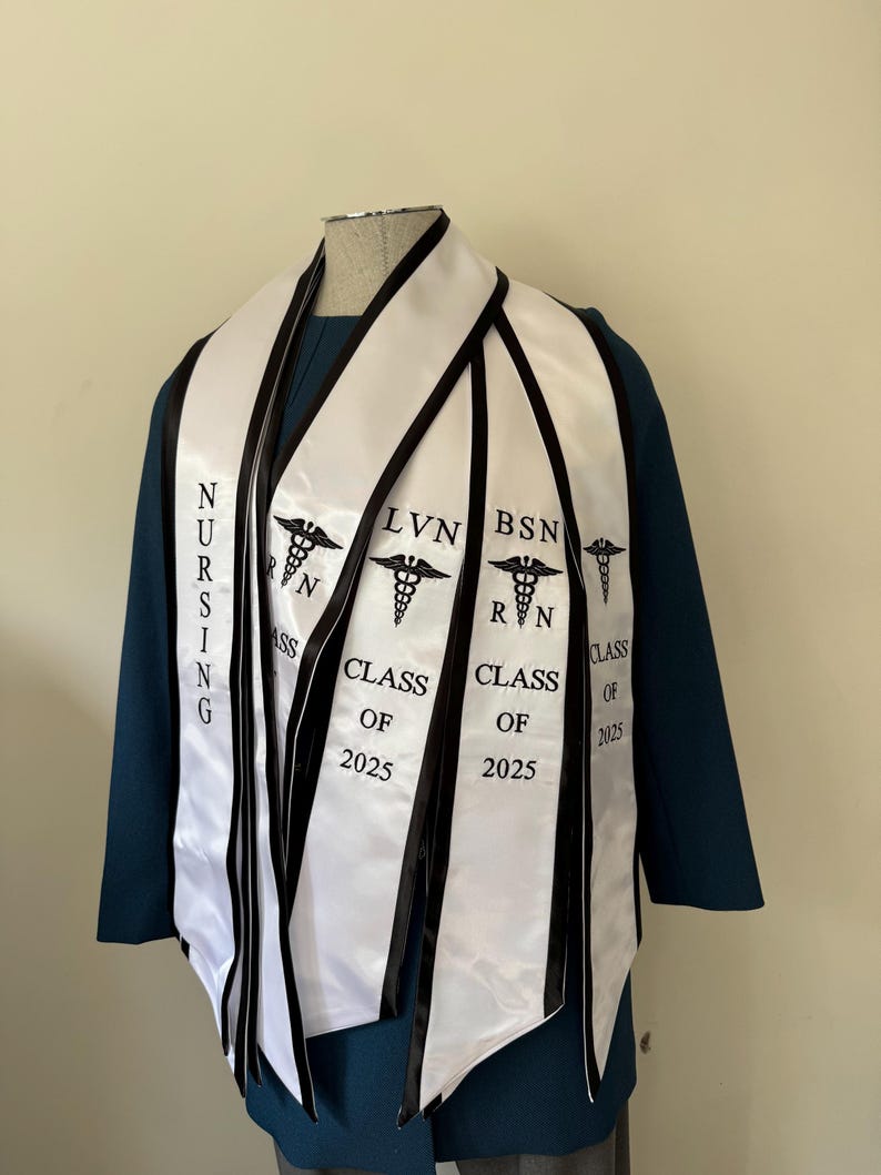 Nurse Graduation Stole White With Black Trim, Embroidered Nursing Sash ...