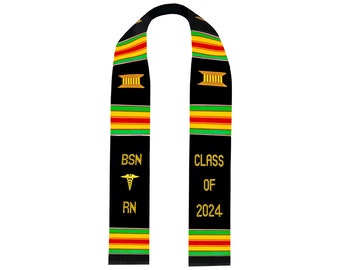Custom Black Nursing Graduation Stoles Class of 2024 Kente Sash, BSN RN Nursing Grads stole with Medical logo