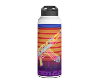 Retro AK-47 Stainless Steel Water Bottle, 80s Neon Gun Design