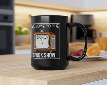 Spook Show Black Mug: Fun Halloween Ghost Coffee Cup