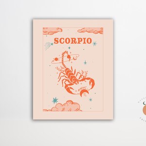 Scorpio Retro Zodiac Poster 70s Print Astrology Gift Scorpio Astrology Art Poster Retro Celestial Graphic