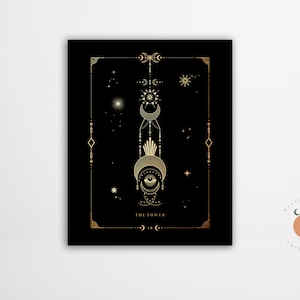 The Tower Black and Gold Tarot Card Print Gothic Art Tarot Witchy Art Poster