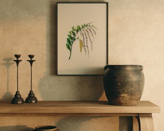 Impresión de arte mural botánico con árbol de cadena dorada, ilustración floral vintage de historia natural, decoración botánica antigua
