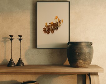 Impresión botánica de pared con hongo amarillo, ilustración vintage de historia natural, decoración de bosque antiguo