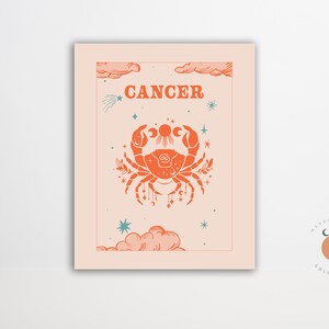 Cancer Retro Zodiac Poster 70s Print Astrology Gift Cancer Astrology Art Poster Retro Celestial Graphic