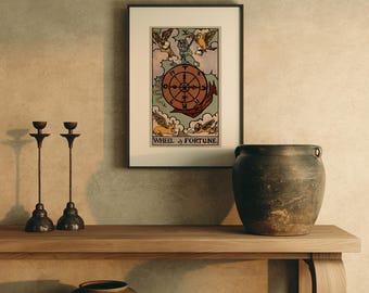 Arte mural de tarot de la Rueda de la Fortuna, impresión vintage de tarot de la edición Earthbound, decoración de pared estilo cottagecore, regalo de bruja, arte místico para el hogar.