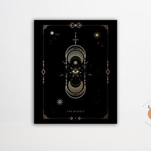 The Hermit Black and Gold Tarot Card Print Gothic Art Tarot Witchy Art Poster