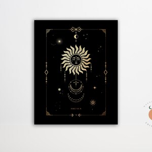 The Sun Black and Gold Tarot Card Print Gothic Art Tarot Witchy Art Poster