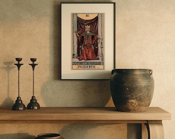 Arte mural del Tarot de la Justicia, Impresión vintage del Tarot Edición Earthbound, Arte mural estilo cottagecore, Regalo de brujería, Decoración bohemia del Tarot, Decoración mística del hogar