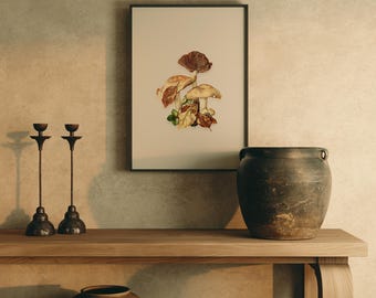 Impresión botánica de pared de hongo leonado, ilustración vintage de historia natural, decoración de bosque antiguo