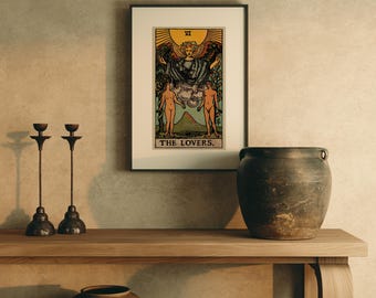 Arte mural del Tarot de los Enamorados, Impresión vintage de Tarot Edición Earthbound, Arte mural estilo cottagecore, Regalo de bruja, Decoración de tarot bohemia, Decoración mística para el hogar