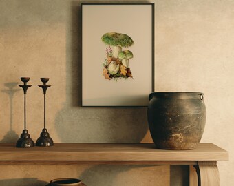 Lámina botánica de hongo rúsula verde, ilustración vintage de historia natural, decoración de boticario antiguo