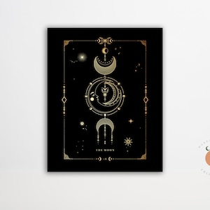 The Moon Black and Gold Tarot Card Print Gothic Art Tarot Witchy Art Poster