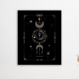 The Moon Black and Gold Tarot Card Print Gothic Art Tarot Witchy Art Poster