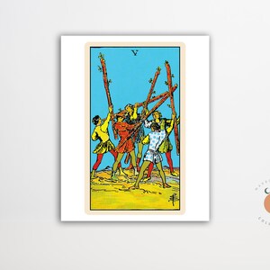 Impression de cartes de tarot Les cinq baguettes, impression d'art gothique, tarot de sorcellerie, impression d'art métaphysique sans cadre