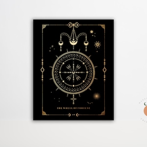 Wheel of Fortune Black and Gold Tarot Card Print Gothic Art Tarot Witchy Art Poster